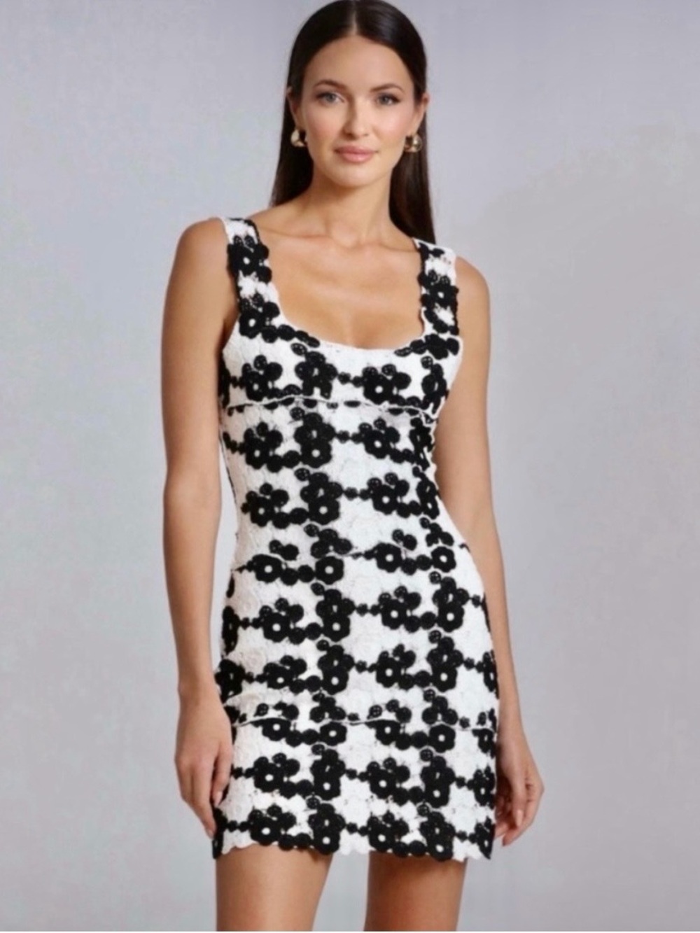 Avec Les Filles Black and White Floral Crochet Mini Dress